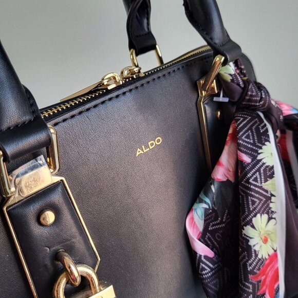 Like New ALDO Black Satchel Bag • Gold Lock • Floral Scarf • Crossbody Strap - Picture 5 of 6